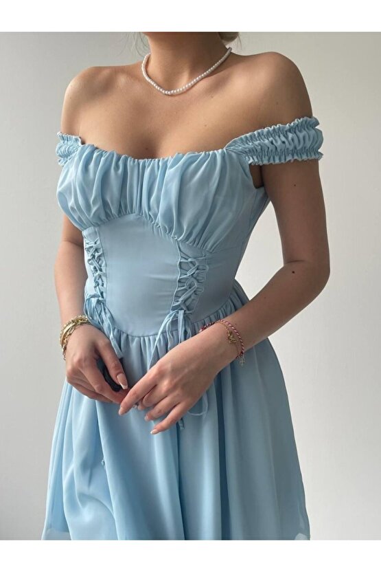 Gökyüzü Moda Aria Büzgü Askılı Elbise