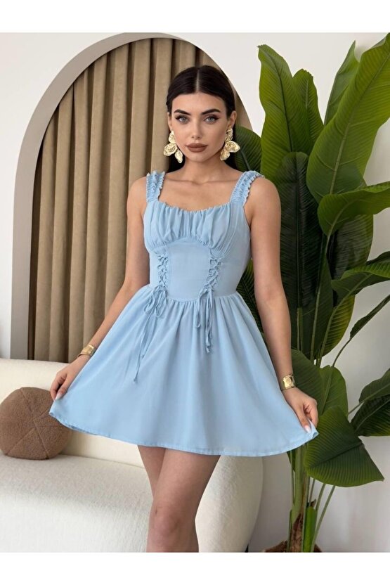 Gökyüzü Moda Aria Büzgü Askılı Elbise