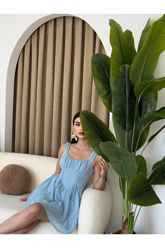Gökyüzü Moda Aria Büzgü Askılı Elbise