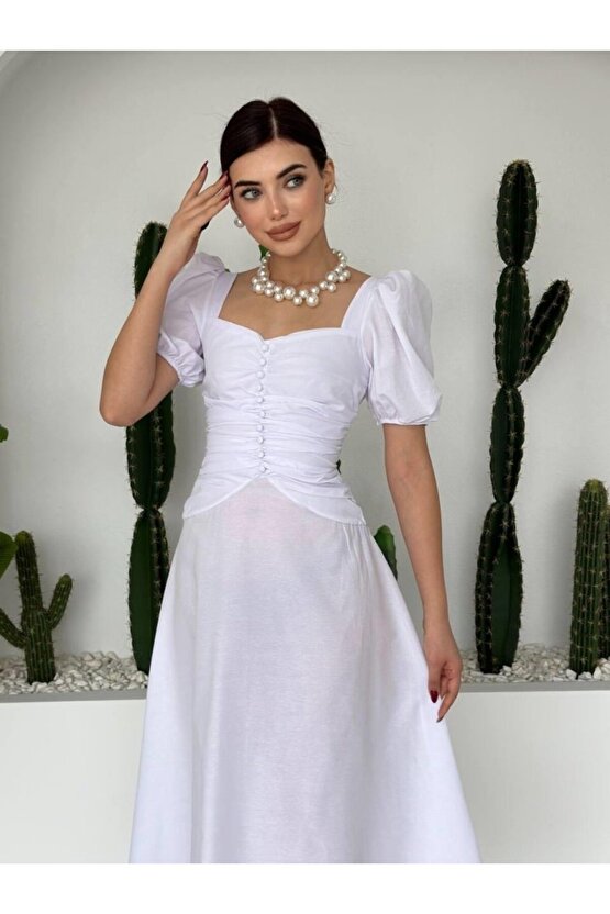 Gökyüzü Moda Kare Yaka Düğmeli Elbise