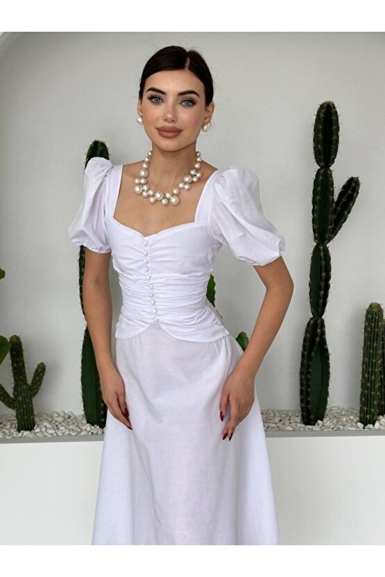 Gökyüzü Moda Kare Yaka Düğmeli Elbise