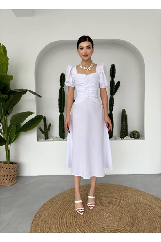 Gökyüzü Moda Kare Yaka Düğmeli Elbise