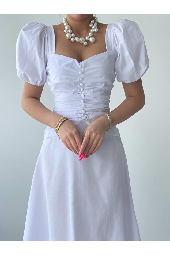 Gökyüzü Moda Kare Yaka Düğmeli Elbise