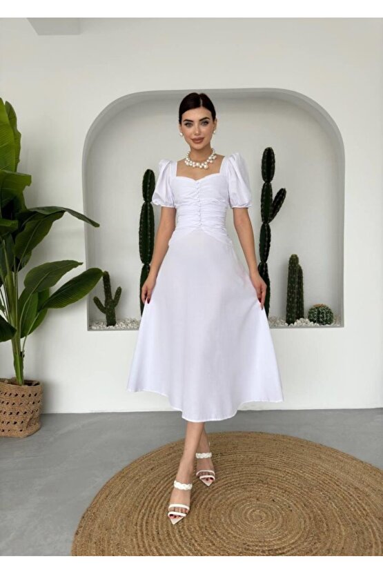 Gökyüzü Moda Kare Yaka Düğmeli Elbise