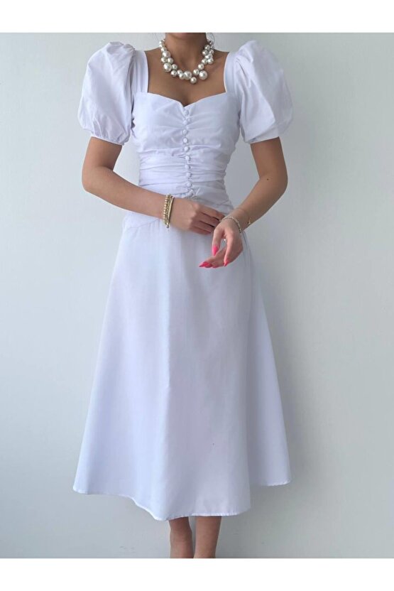 Gökyüzü Moda Kare Yaka Düğmeli Elbise