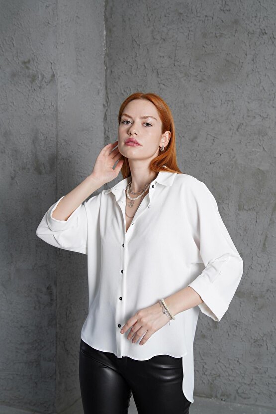 Gökyüzü Moda Yarasa Kol Rahat Kalıp Beyaz Gömlek