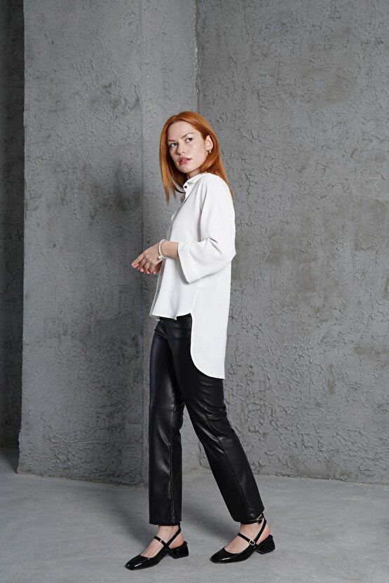 Gökyüzü Moda Yarasa Kol Rahat Kalıp Beyaz Gömlek