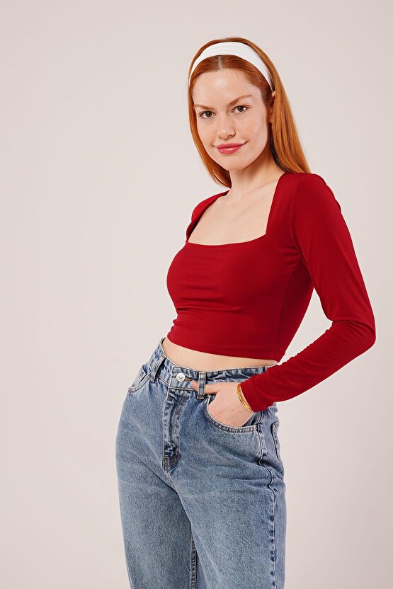 Gökyüzü Moda Kare Yaka Basic Bordo Bluz