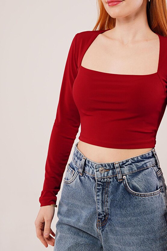 Gökyüzü Moda Kare Yaka Basic Bordo Bluz