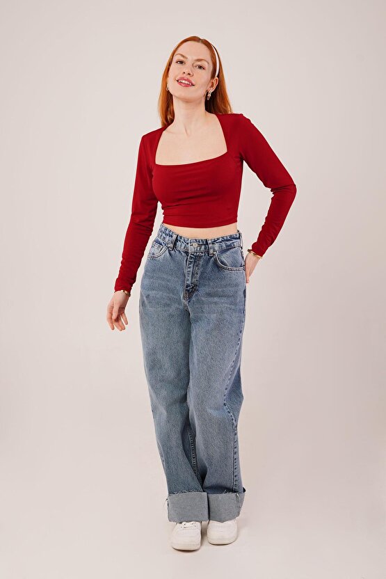 Gökyüzü Moda Kare Yaka Basic Bordo Bluz