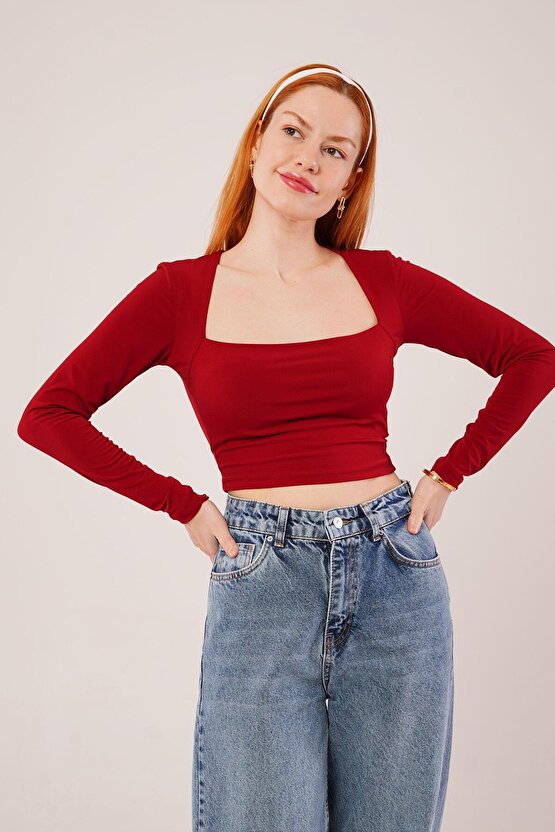 Gökyüzü Moda Kare Yaka Basic Bordo Bluz