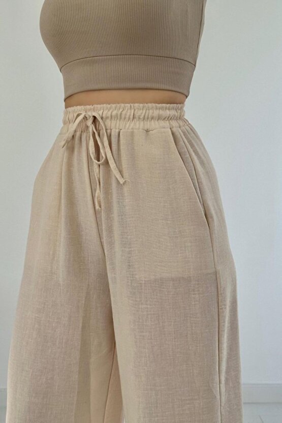 Gökyüzü Moda Bej Keten Pantolon