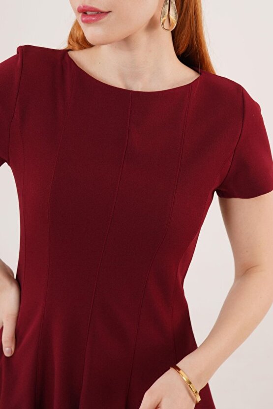 Gökyüzü Moda Önden Dikiş Detaylı Çan Model Bordo Elbise