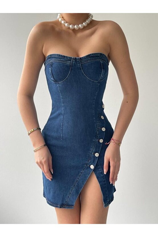 Gökyüzü Moda Nerg Düğme Detaylı Elbise