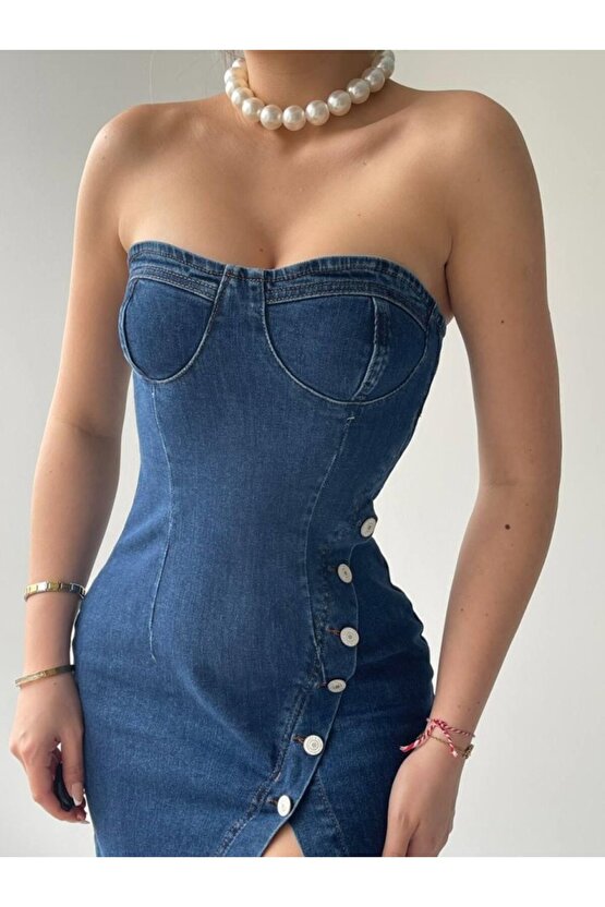 Gökyüzü Moda Nerg Düğme Detaylı Elbise