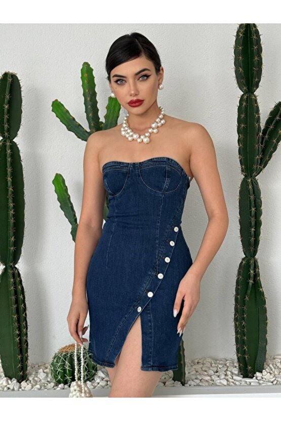 Gökyüzü Moda Nerg Düğme Detaylı Elbise