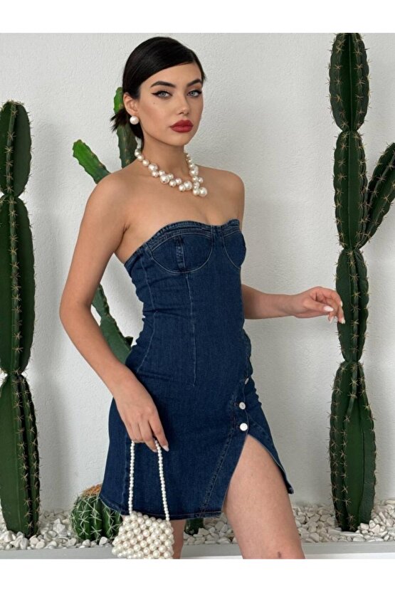 Gökyüzü Moda Nerg Düğme Detaylı Elbise