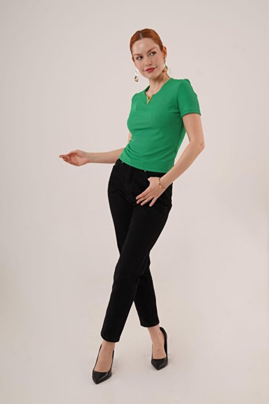 Gökyüzü Moda Kısa Kollu Yaka Detaylı Kaşkorse Yeşil Bluz