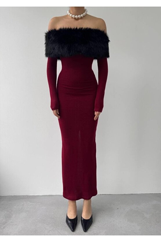 Gökyüzü Moda Bestia Straplez Tüy Detaylı Elbise