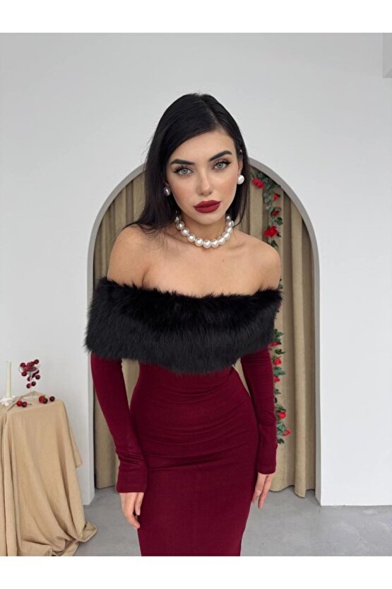 Gökyüzü Moda Bestia Straplez Tüy Detaylı Elbise