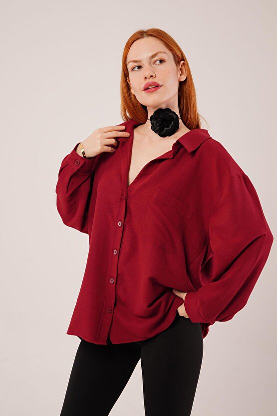 Gökyüzü Moda Basic Oversize Bordo Gömlek