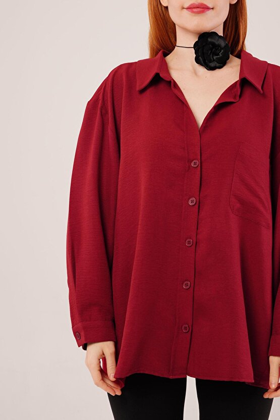 Gökyüzü Moda Basic Oversize Bordo Gömlek