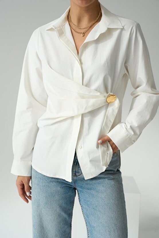 Gökyüzü Moda Bağlamalı Gömlek - Ekru