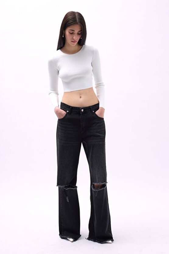 Gökyüzü Moda Bisiklet Yaka Dokulu Crop