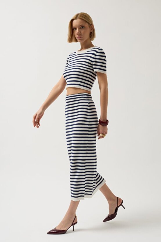 Gökyüzü Moda Çizgili Bisiklet Yaka Crop