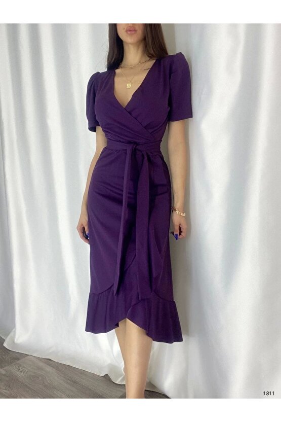 MDB Kadın Kruvaze Yaka idi Boy Kuşaklı Krep Elbise 120 Cm