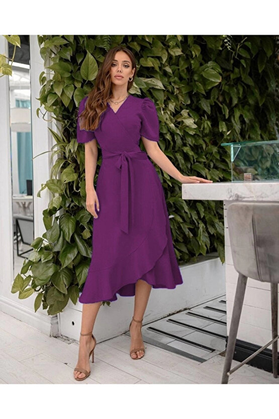 MDB Kadın Kruvaze Yaka idi Boy Kuşaklı Krep Elbise 120 Cm