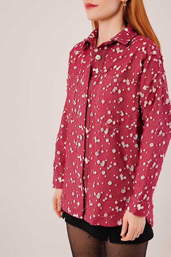 Gökyüzü Moda Eskitme Görünümlü Denim Bordo Gömlek