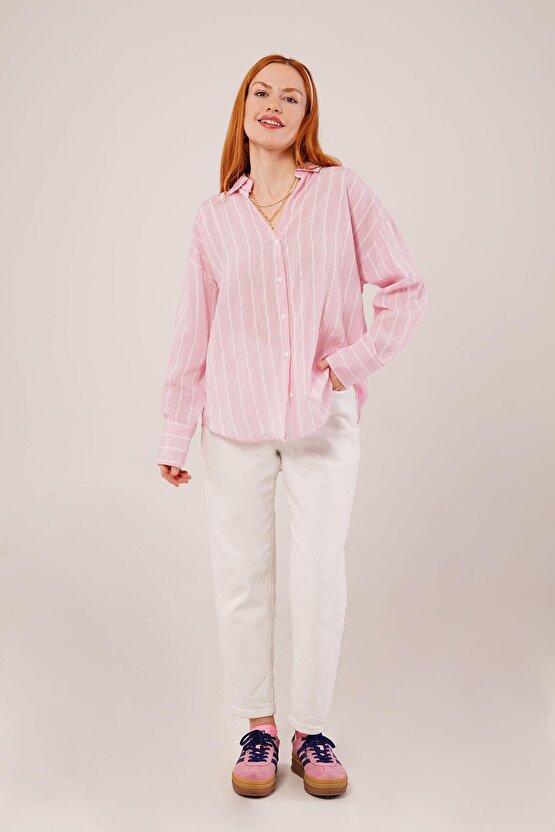Gökyüzü Kol Düğmeli Çizgili Pembe Gömlek
