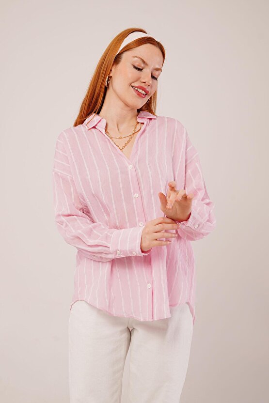 Gökyüzü Kol Düğmeli Çizgili Pembe Gömlek