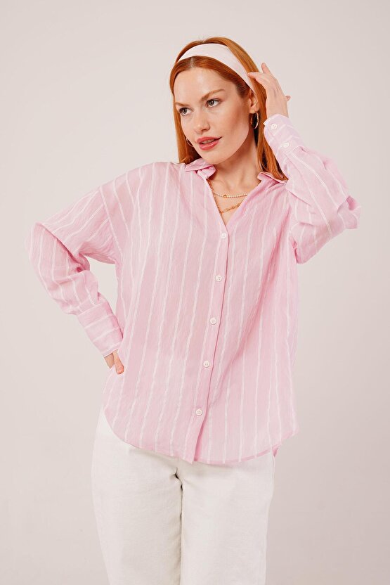 Gökyüzü Kol Düğmeli Çizgili Pembe Gömlek