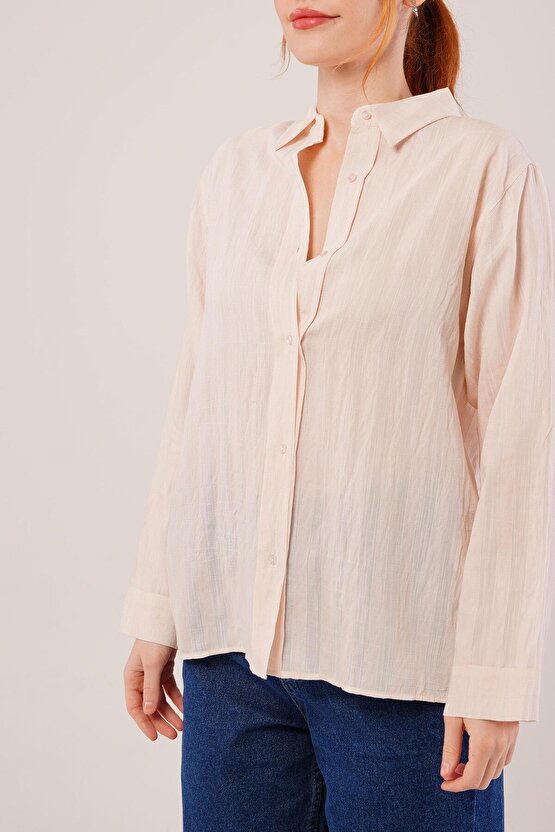 Gökyüzü Moda Düğmeli Ve Çizgi Detaylı Krem Gömlek
