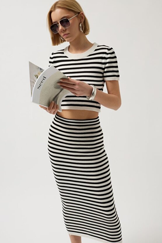 Gökyüzü Moda Çizgili Midi Dokulu Etek