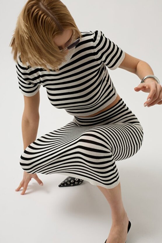 Gökyüzü Moda Çizgili Midi Dokulu Etek