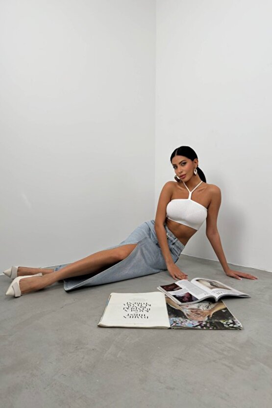 Gökyüzü Moda Pencere Detay Fitilli Crop