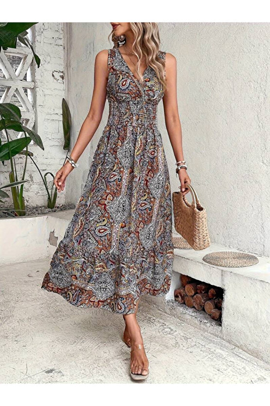 Gökyüzü Moda Kadın Beli Gipeli Etnik Desen Sıfır Kol Süprem Elbise