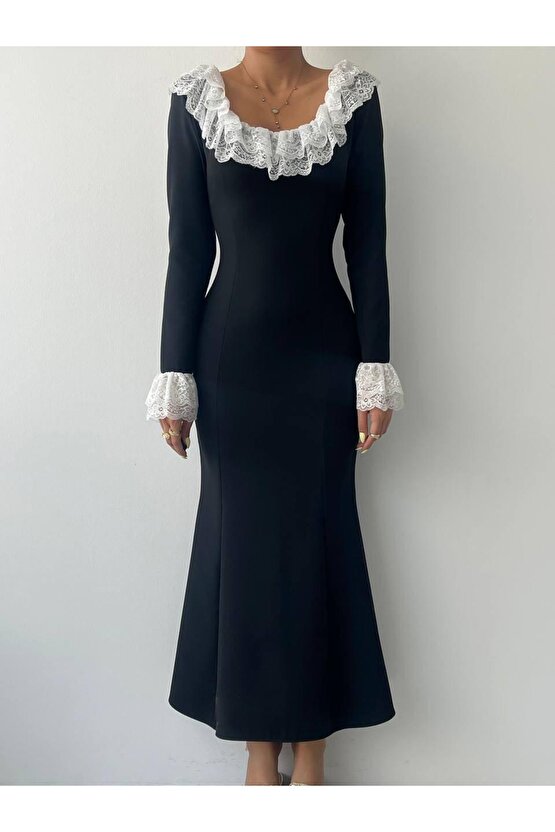 Gökyüzü Moda Belfast Dantel Yaka Elbise