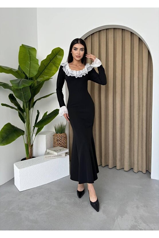 Gökyüzü Moda Belfast Dantel Yaka Elbise