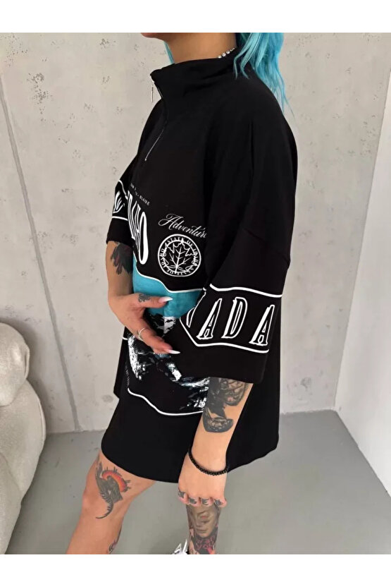 MDB Unisex Baskılı Yarım Fermuarlı Thirt iyah