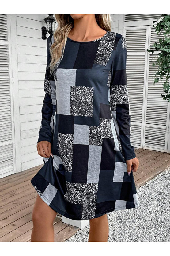 Gökyüzü Moda Kadın Uzun Kollu Yuvarlak Yaka Geometrik Süprem Elbise
