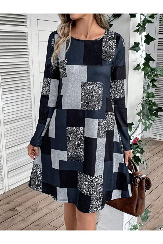 Gökyüzü Moda Kadın Uzun Kollu Yuvarlak Yaka Geometrik Süprem Elbise