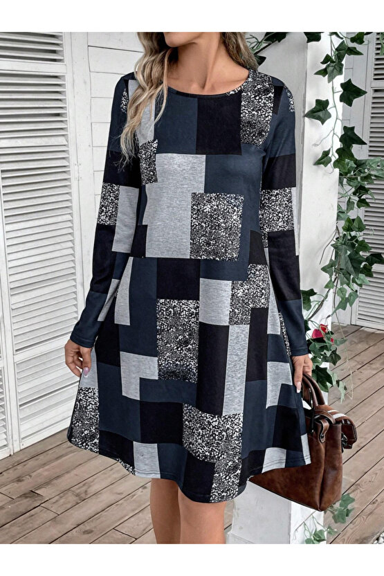 Gökyüzü Moda Kadın Uzun Kollu Yuvarlak Yaka Geometrik Süprem Elbise