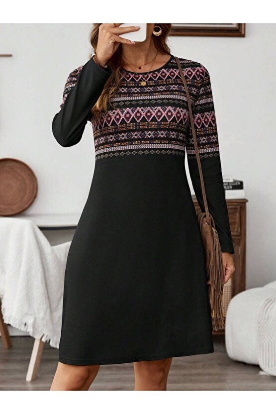 Kadın Uzun Kollu Bisiklet Yaka Etnik Desenli Kısa şardonlu Dalgıç Elbise