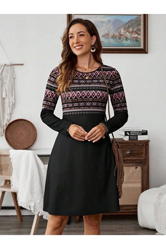 Kadın Uzun Kollu Bisiklet Yaka Etnik Desenli Kısa şardonlu Dalgıç Elbise