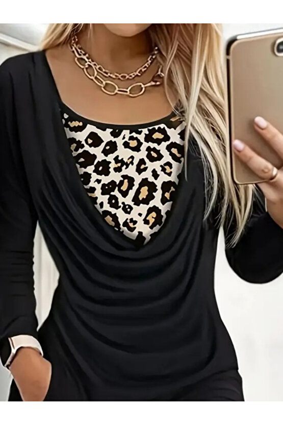 Gökyüzü Moda Kadın Uzun Kollu Degaje Yaka Leopar Detaylı Cepli Kısa Sandy Elbise