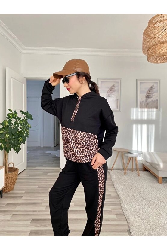 Kadın Uzun Kollu Leopar Detay weat Ve Yanı Leopar şerit Detay Pantolon Ikili Takım